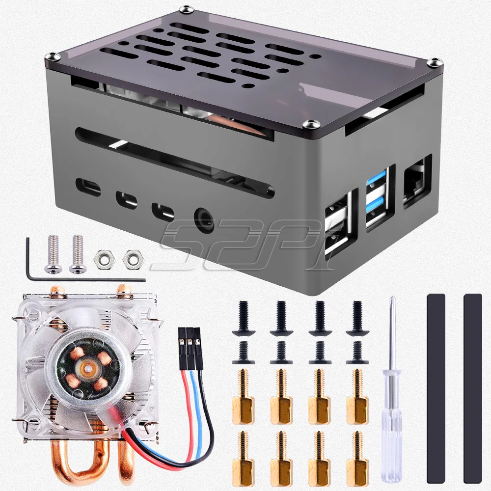 52Pi 라즈베리 파이 4 모델 B 알루미늄 브릭 케이스 RPI 4B용 로우 프로파일 아이스 타워 냉각 팬이 있는 검정색 인클로저 쉘 [52PI-013]