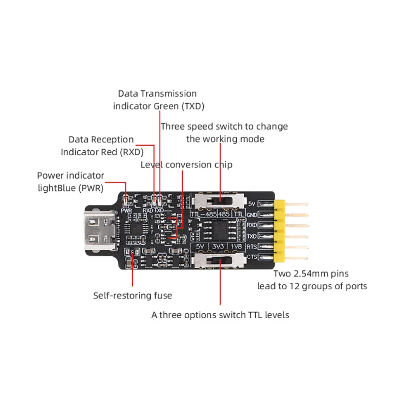 TYPE-C USB-485 직렬 포트 모듈 컨버터 USB-TLL 직렬 포트 TLL-485 직렬 포트 MO340P 1.8V 3.3V 5V [ALIENTEK-19]