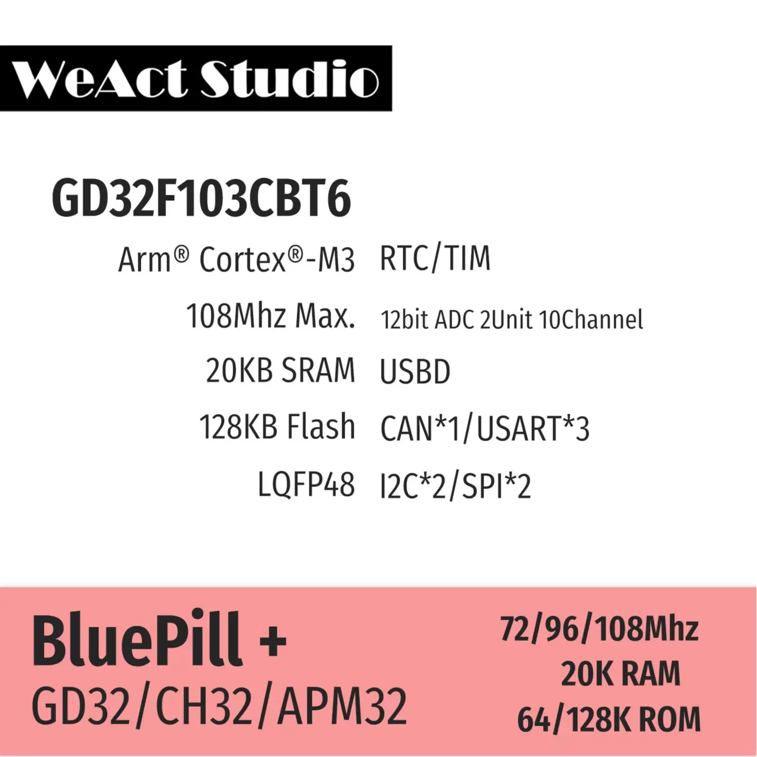 BlueBill Plus 학습 보드 STM32F103CBT6 대신 APM32F103CBT6 GD32F103CBT6 CH32F103C8T6 CH32V203C8T6 [WeAct Studio-068]