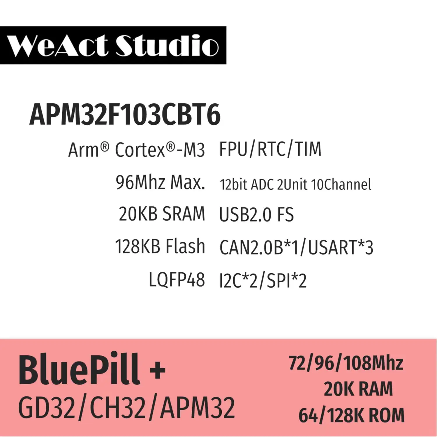 BlueBill Plus 학습 보드 STM32F103CBT6 대신 APM32F103CBT6 GD32F103CBT6 CH32F103C8T6 CH32V203C8T6 [WeAct Studio-068]
