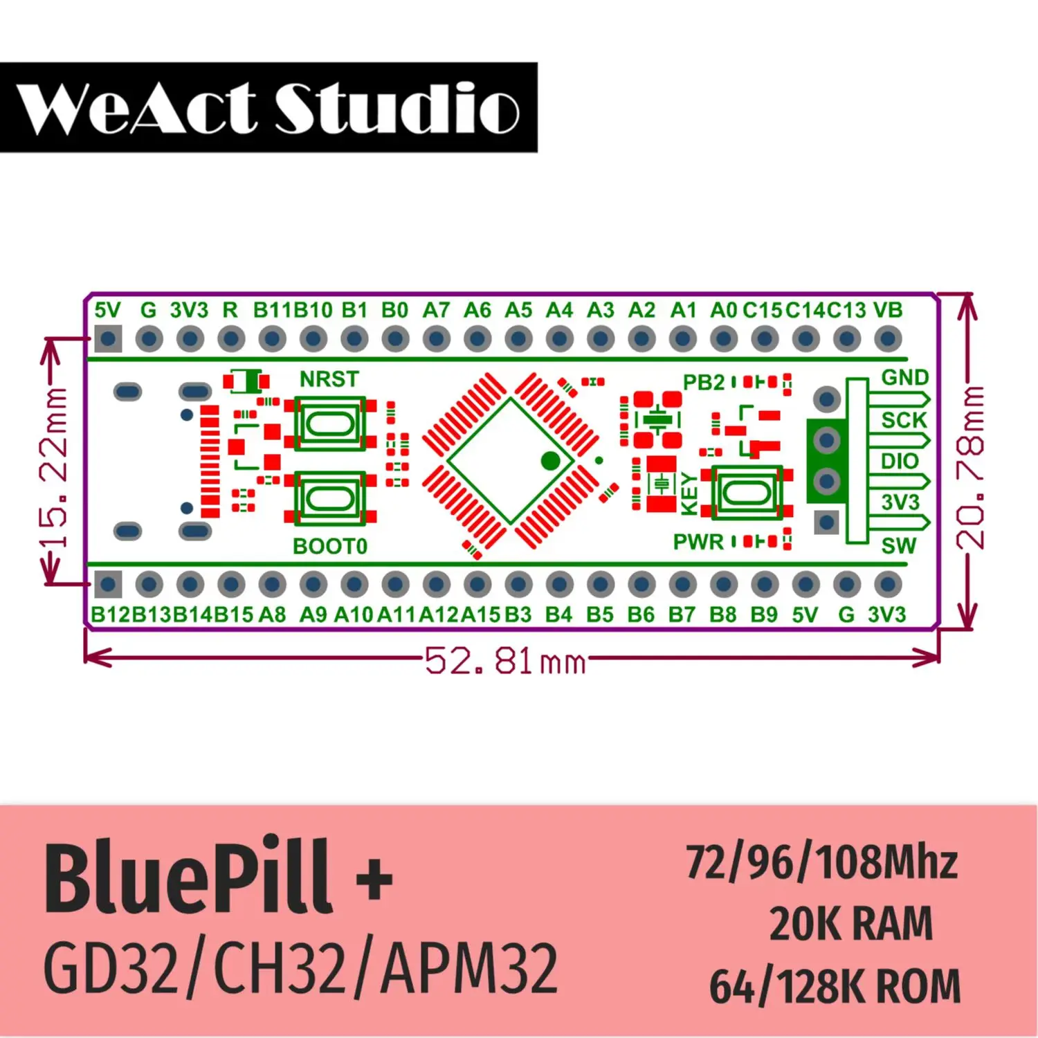 BlueBill Plus 학습 보드 STM32F103CBT6 대신 APM32F103CBT6 GD32F103CBT6 CH32F103C8T6 CH32V203C8T6 [WeAct Studio-068]
