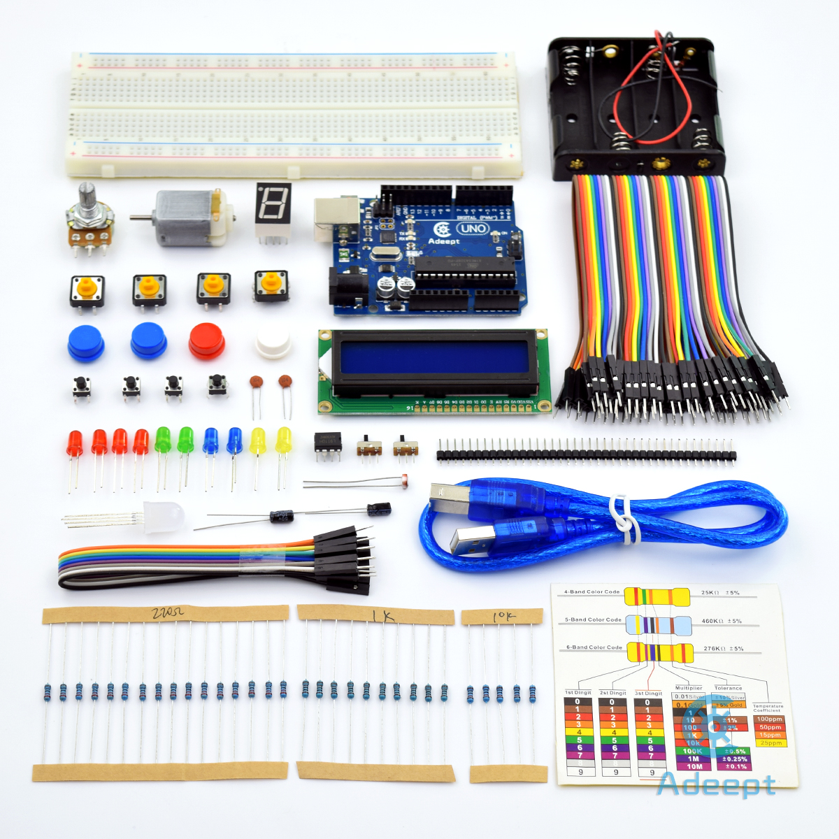 ADA001 가이드북과 C 코드가 포함된 Arduino용 Adept 스타터 키트 Arduino UNO R3 LCD1602 브레드보드 DC 모터 스타터/초급 키트  [Adeept-029]