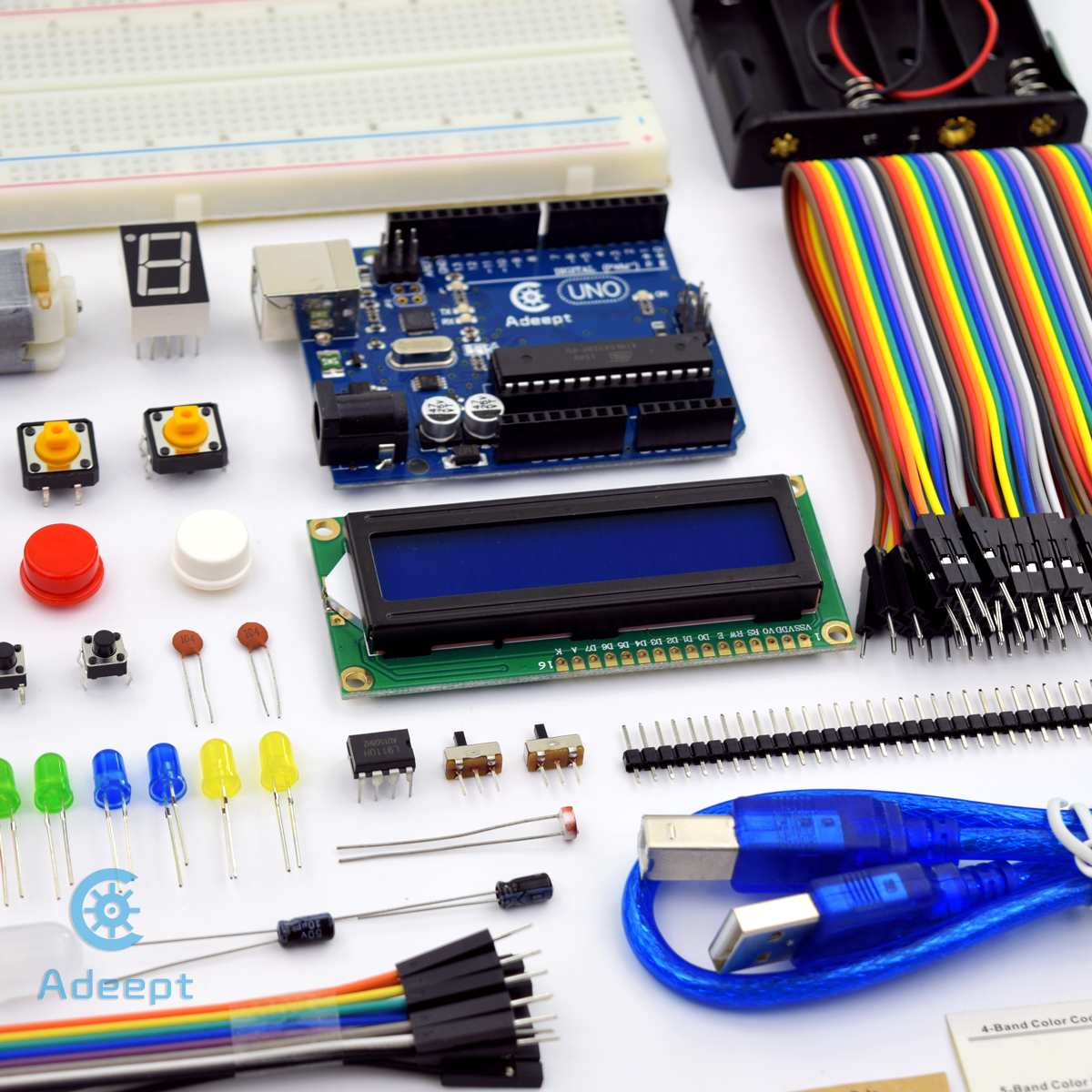 ADA001 가이드북과 C 코드가 포함된 Arduino용 Adept 스타터 키트 Arduino UNO R3 LCD1602 브레드보드 DC 모터 스타터/초급 키트  [Adeept-029]