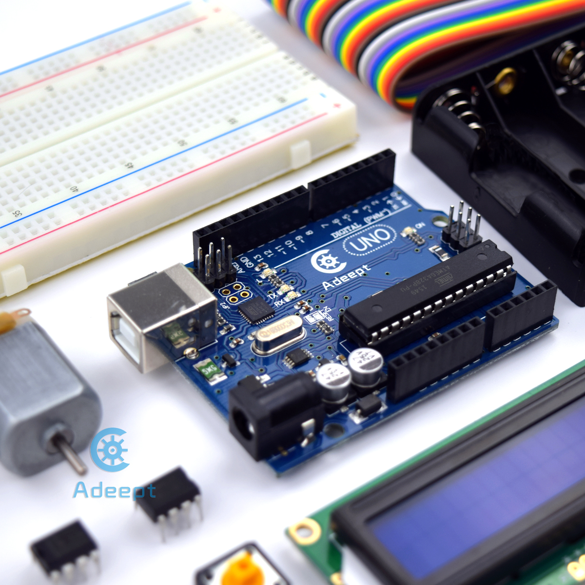 ADA002 Adept Super Starter Kit for Arduino UNO R3 LCD1602 브레드보드 DC 모터 스타터/초급 키트 (사용 설명서/가이드북 및 C 코드 포함) [Adeept-030]
