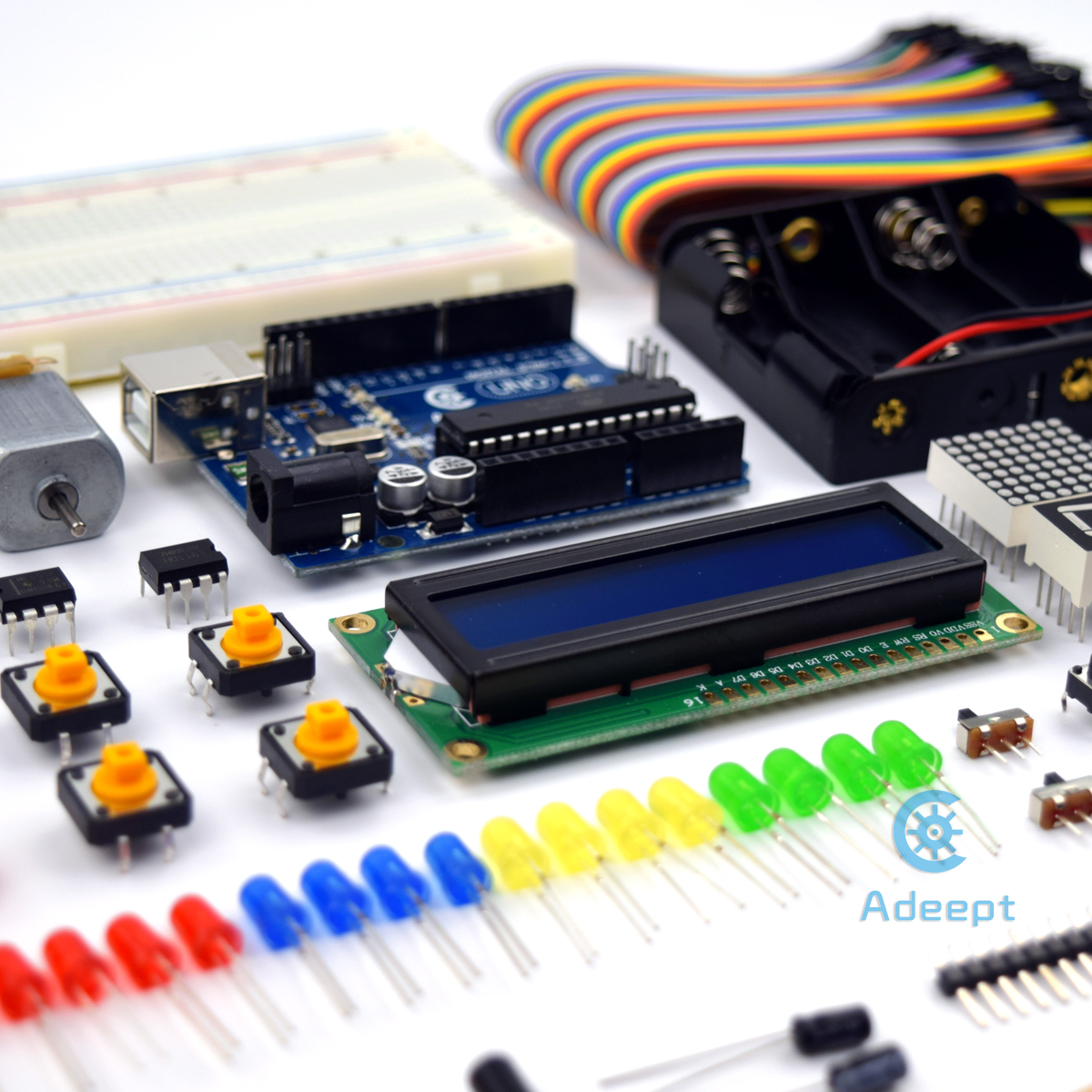 ADA002 Adept Super Starter Kit for Arduino UNO R3 LCD1602 브레드보드 DC 모터 스타터/초급 키트 (사용 설명서/가이드북 및 C 코드 포함) [Adeept-030]