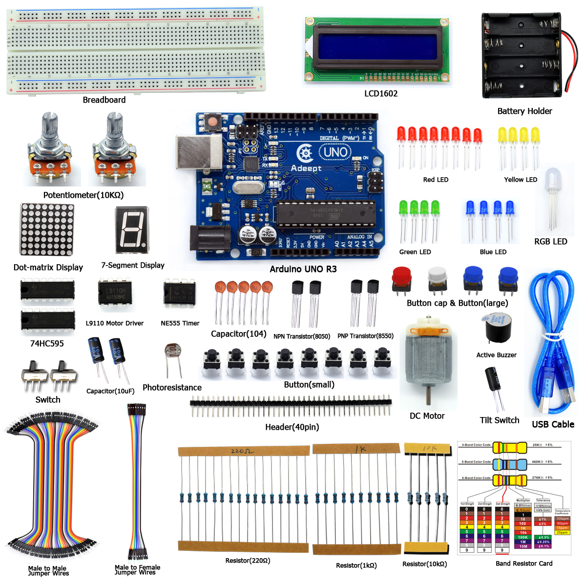 ADA002 Adept Super Starter Kit for Arduino UNO R3 LCD1602 브레드보드 DC 모터 스타터/초급 키트 (사용 설명서/가이드북 및 C 코드 포함) [Adeept-030]