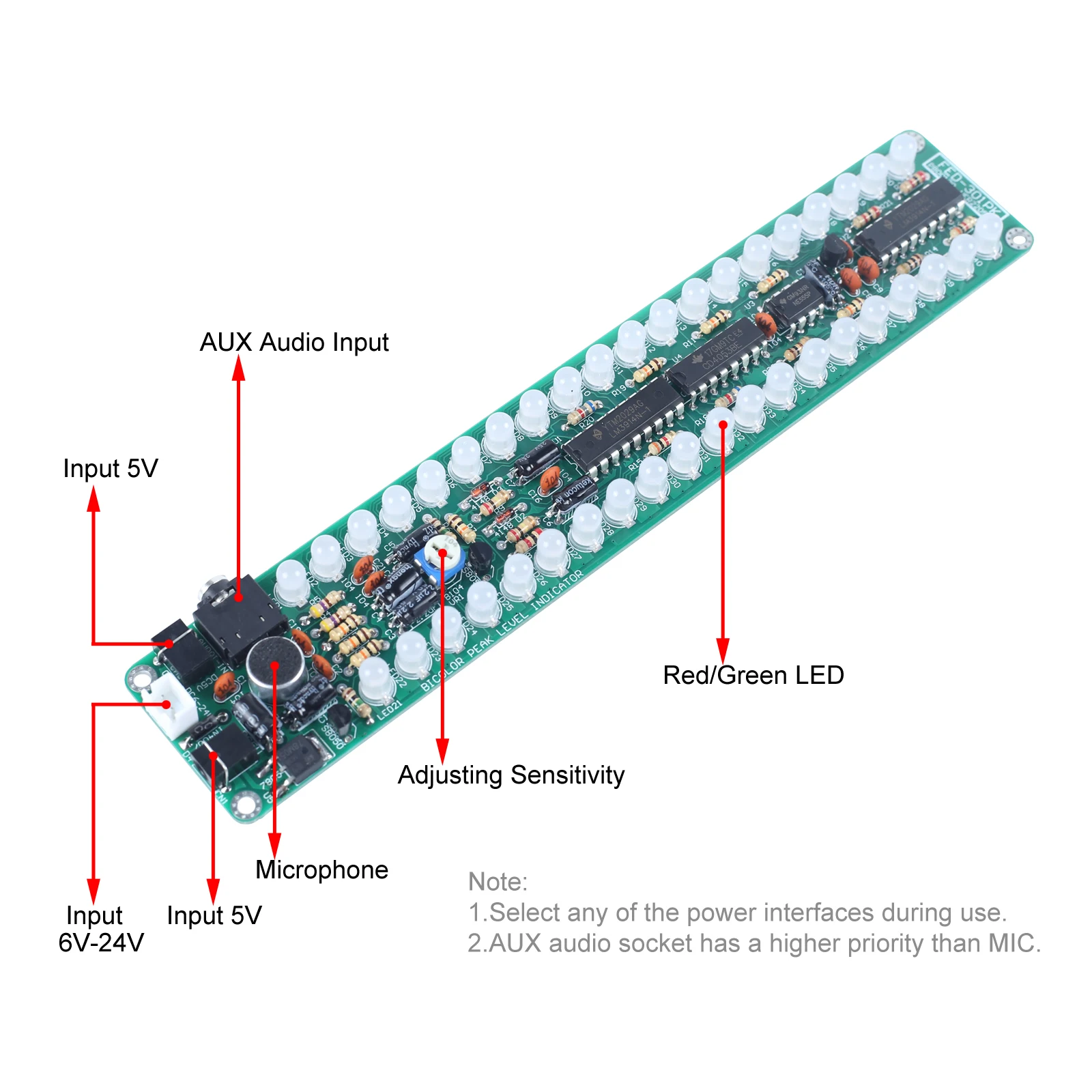DIY 전자 키트 LED 음악 오디오 스펙트럼 라이트 바 표시기 납땜 연습 모노 듀얼 레드 그린 조정 깜박이 LM3914 [DIY-335]