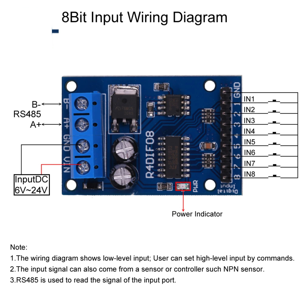 DC 12V 8채널 디지털 입력 모듈 (RS485 Modbus RTU 스위치 신호 수집 8-12mA) [ZTX101-176]