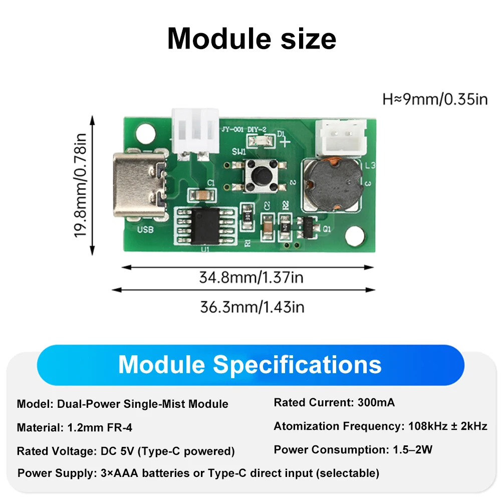 DC 4.5-5V 단일 헤드 초음파 분사 가습 모듈 (듀얼 전원 공급 Type-C 인터페이스) [ZTL46-001]