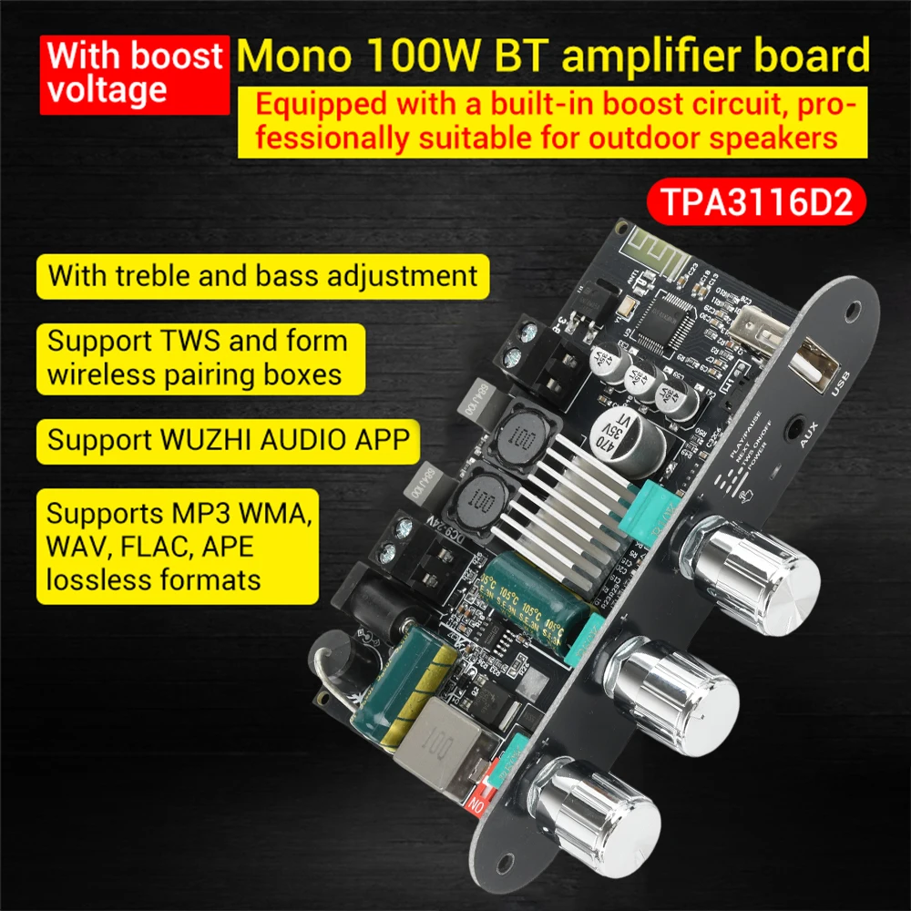 ZK-1001U DC9-24V 모노 100W BT5.3 증폭기 보드 모듈 TPA3116D2 증폭기 칩 지원 TWS WUZHI 오디오 앱 [ZTP50-031]
