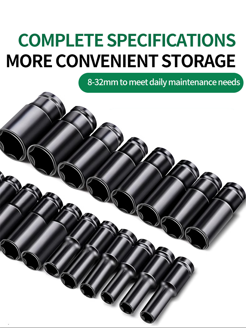 15PCS Black Hexagon Socket Set Box,Long Style 8-32mm,Car Repair Tools 1/2 Socket Set for Electric Wrench