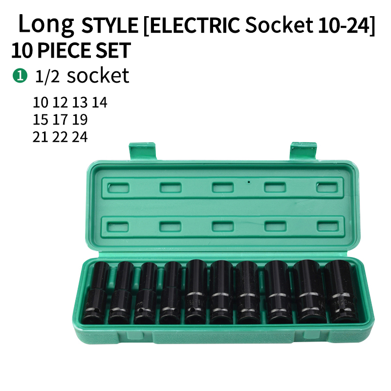 10PCS 10-24mm Black Hexagon Socket Wrench Set Box,Long Style,Car Repair Tools 1/2 Socket Set for Electric Wrench