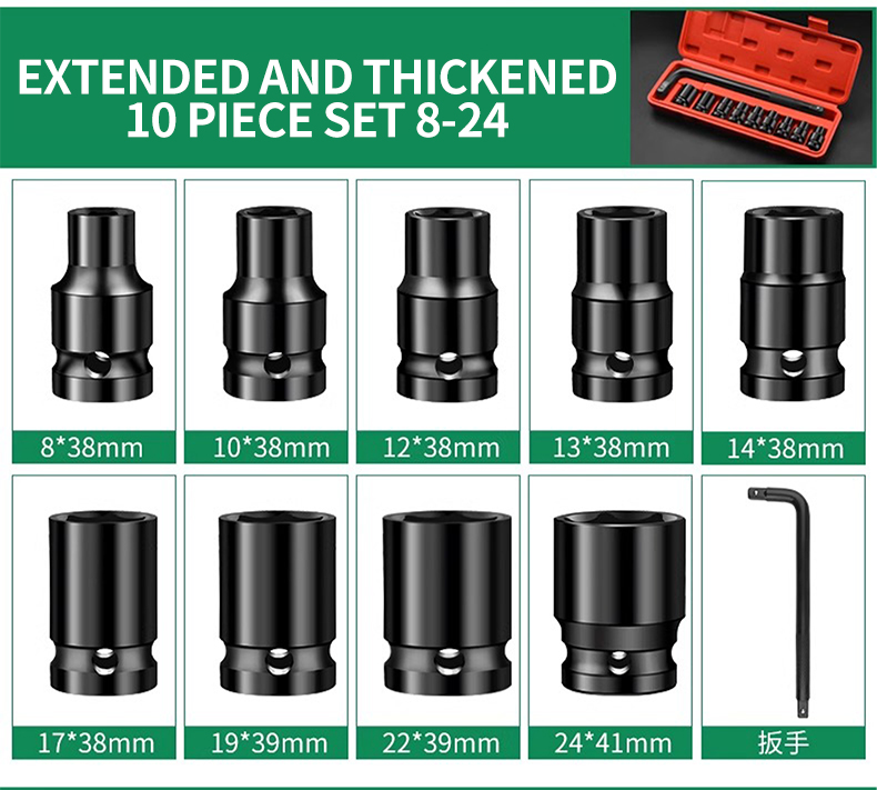 15PCS Black Hexagon Socket Set Box,Long Style 8-32mm,Car Repair Tools 1/2 Socket Set for Electric Wrench