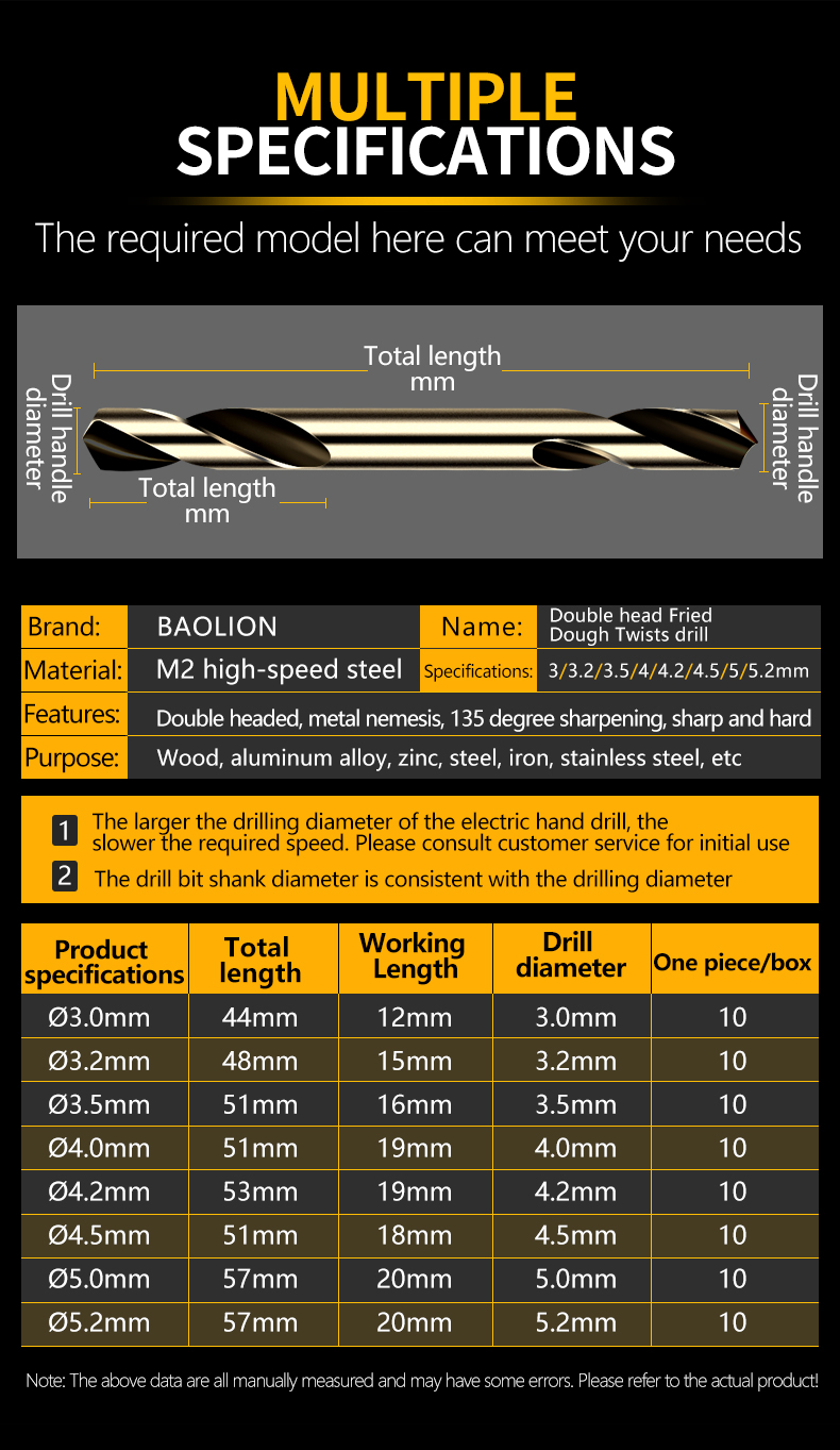 3.0-5.2mm High Speed Steel Double, Head Twists Drill, Metal Stainless Steel Hard Drill Bit