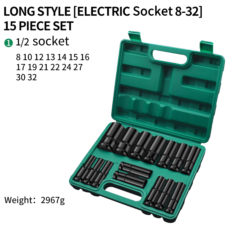 15PCS Black Hexagon Socket Set Box,Long Style 8-32mm,Car Repair Tools 1/2 Socket Set for Electric Wrench