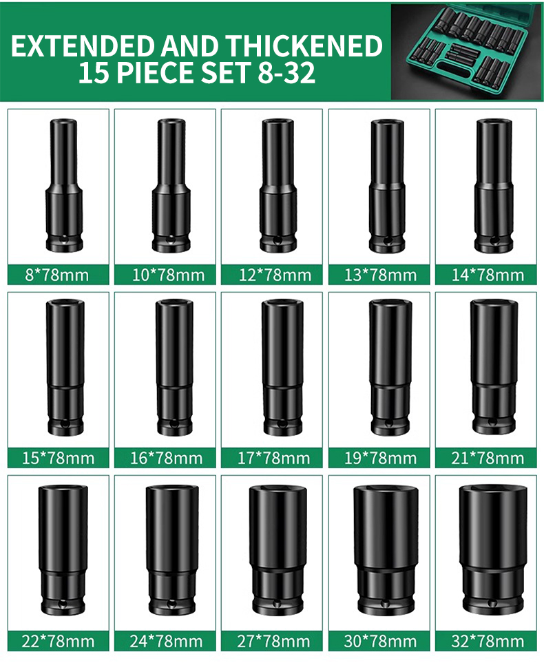 15PCS Black Hexagon Socket Set Box,Long Style 8-32mm,Car Repair Tools 1/2 Socket Set for Electric Wrench