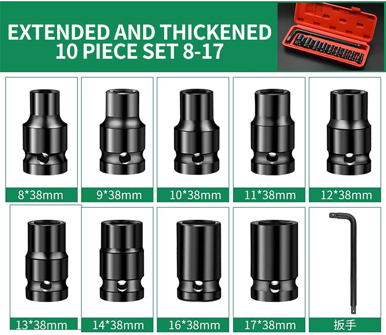 15PCS Black Hexagon Socket Set Box,Long Style 8-32mm,Car Repair Tools 1/2 Socket Set for Electric Wrench