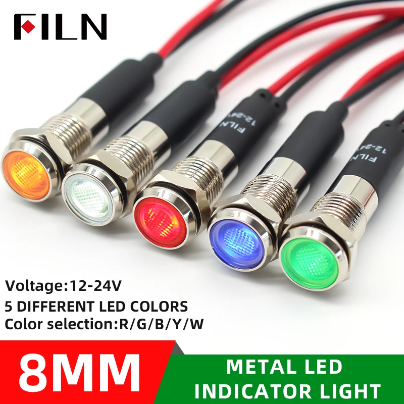 LED 메탈 IP67 방수 신호등 8mm 크롬 도금 전원 상태 표시등 하이라이트 소형 코드 전원12V 24V 110V 220V [FILN-27]
