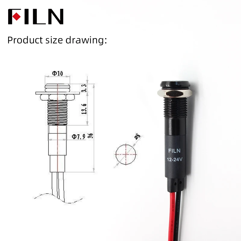 LED 메탈 IP67 방수 신호등 8mm 크롬 도금 전원 상태 표시등 하이라이트 소형 코드 전원12V 24V 110V 220V [FILN-27]