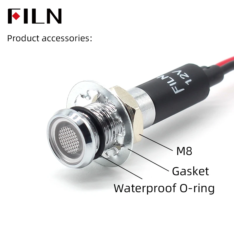 LED 메탈 IP67 방수 신호등 8mm 크롬 도금 전원 상태 표시등 하이라이트 소형 코드 전원12V 24V 110V 220V [FILN-27]