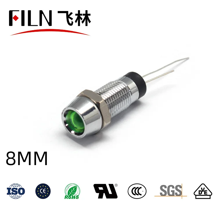 8mm 핀 전원 작업등 핀 방수 금속 표시등 LED 하이라이트 발광 신호등 24V 110V 220V [FILN-05]