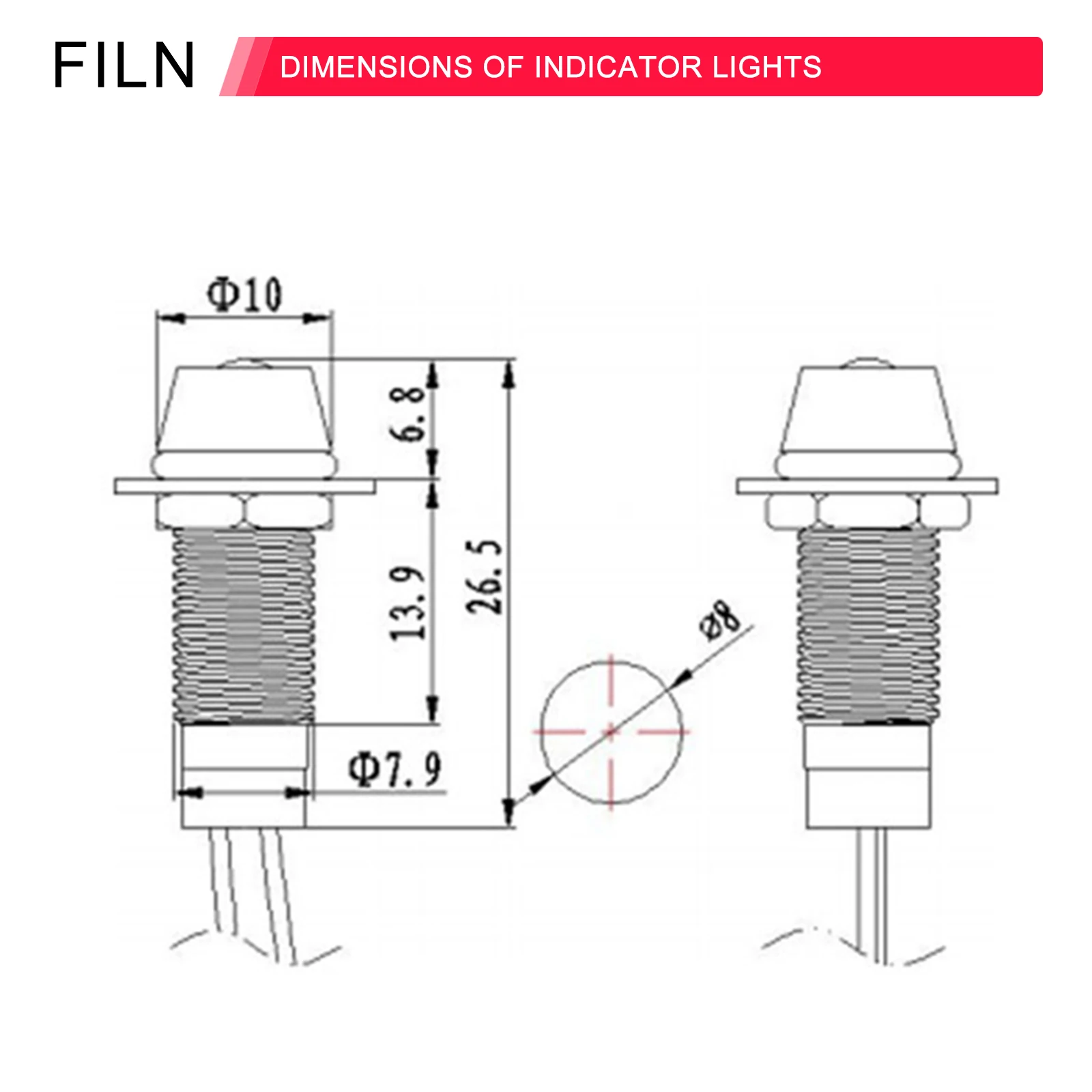 8mm 핀 전원 작업등 핀 방수 금속 표시등 LED 하이라이트 발광 신호등 12v [FILN-28]