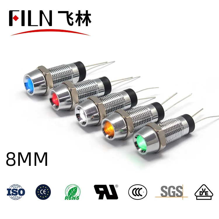 8mm 핀 전원 작업등 핀 방수 금속 표시등 LED 하이라이트 발광 신호등 24V 110V 220V [FILN-05]
