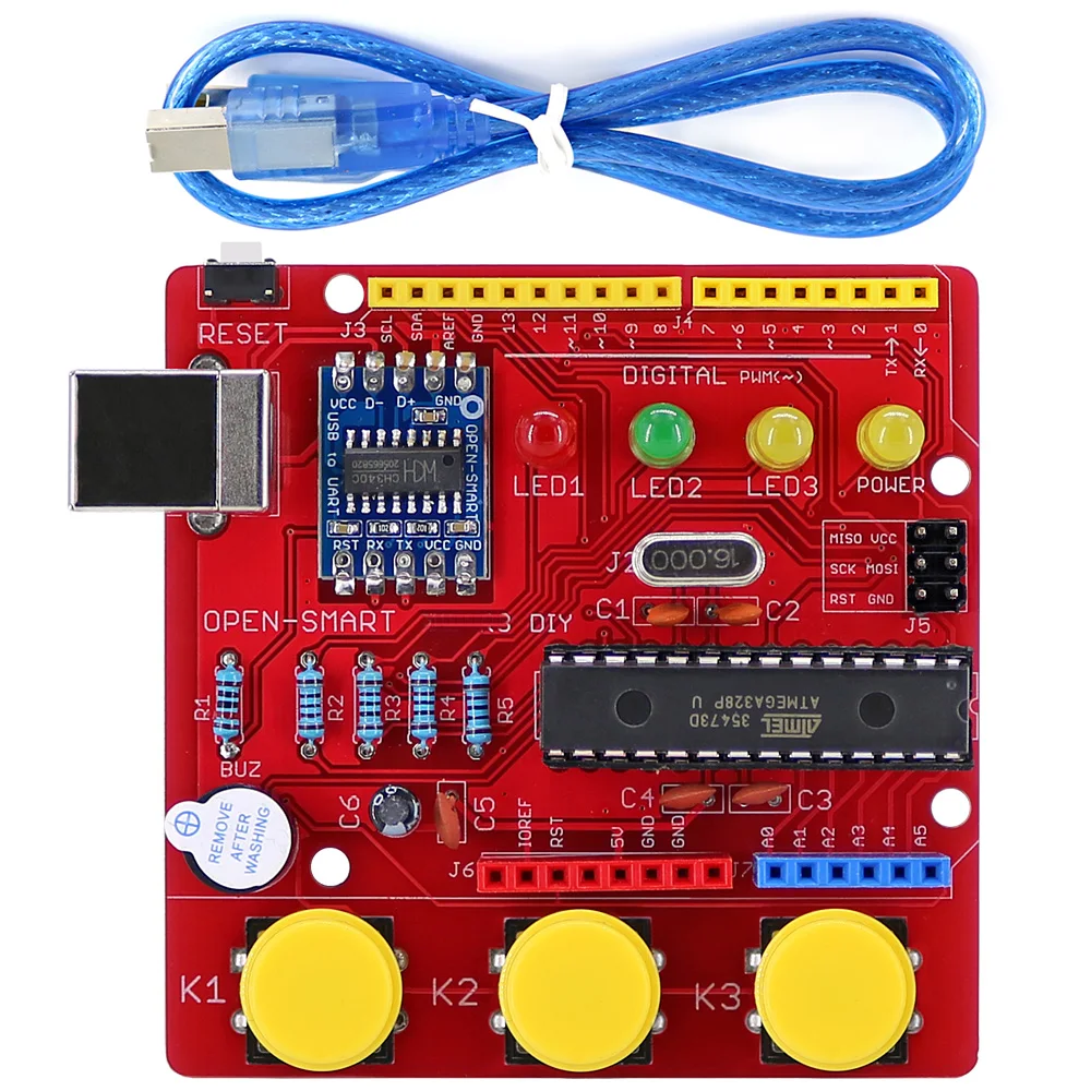 빨간색 DIY ATmega328P 개발 보드 모듈 Arduino와 호환되는 부저 LED 버튼이 있는 CH340 드라이버 [OPEN-SMART-67]