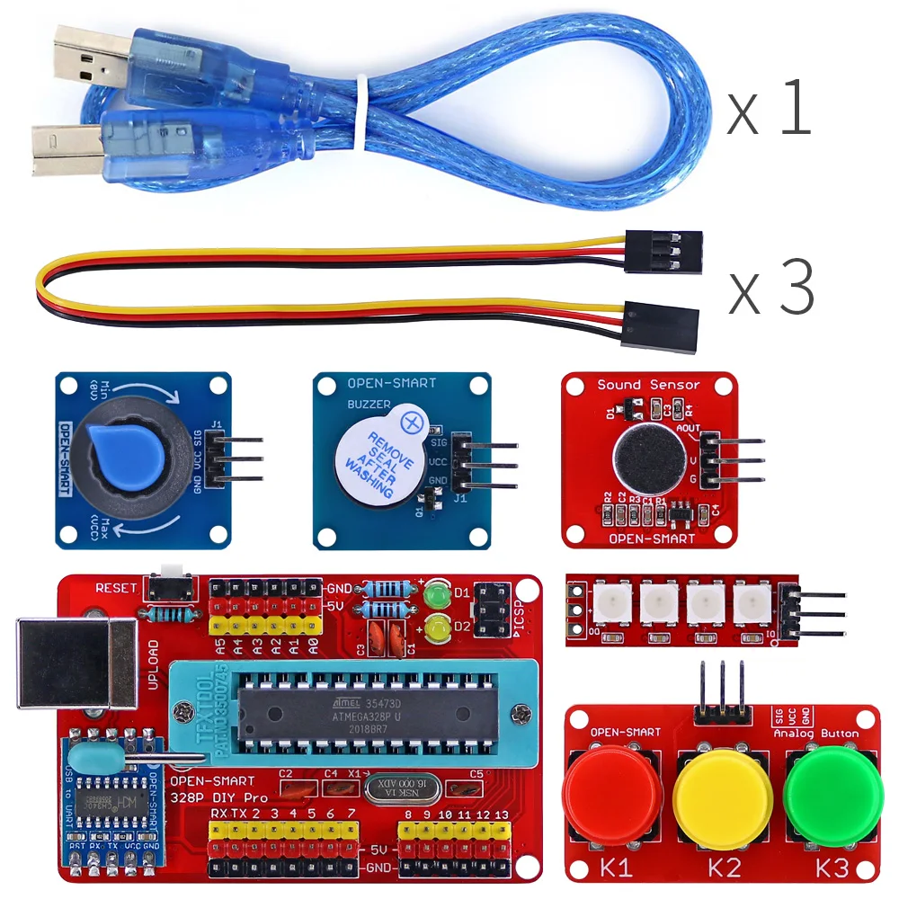 RED DIY01 DIY 프로 ATmega328P 개발 보드 키트 4 비트 RGB LED 아날로그 버튼 사운드 센서 Arduino 호환 가능 328P [OPEN-SMART-70]