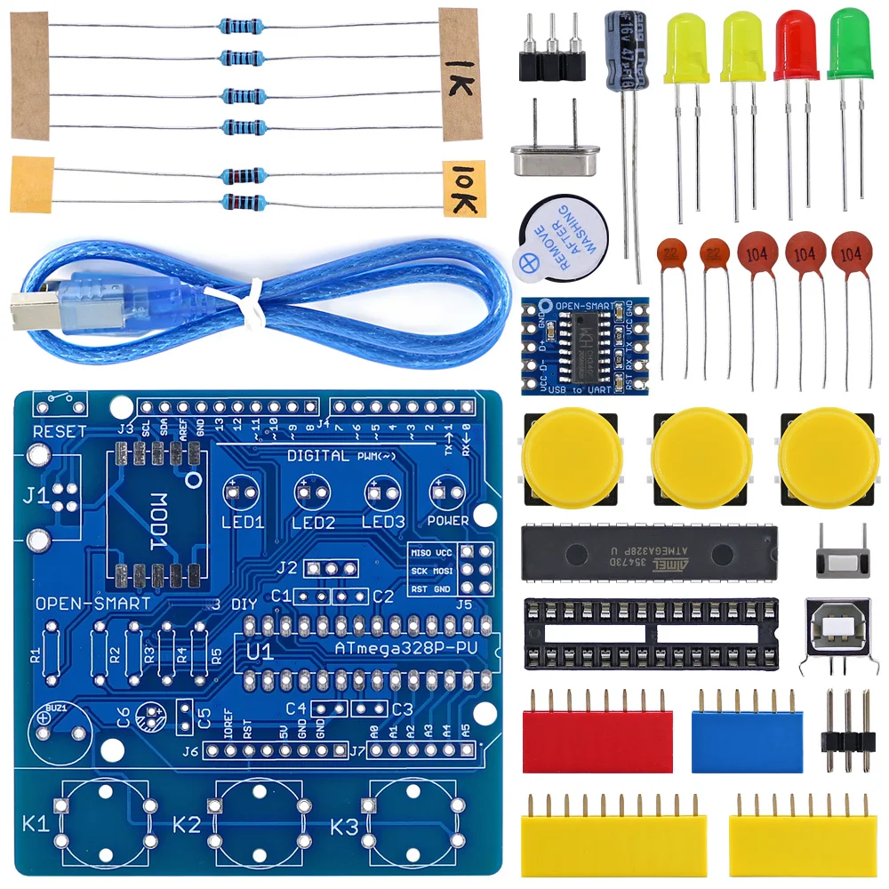  DIY 개발 보드 블루 CH340 드라이버 납땜 부품 키트 부저 LED 버튼 아두이노와 호환 가능 ATmega328P R3 [OPEN-SMART-84]