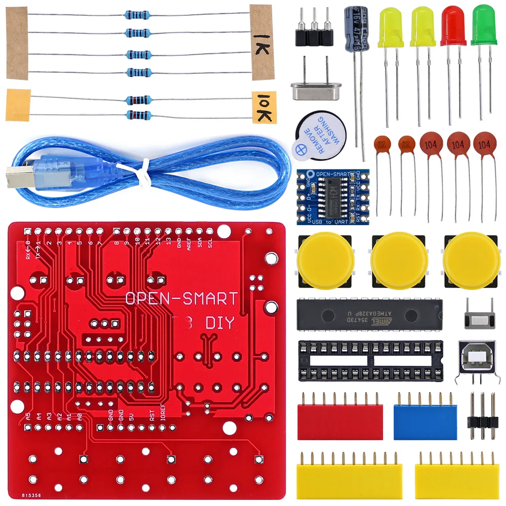 납땜 부품 키트 빨간색 DIY ATmega328P 개발 보드 CH340 드라이버 부저 LED 버튼 아두이노와 호환 가능 [OPEN-SMART-138]