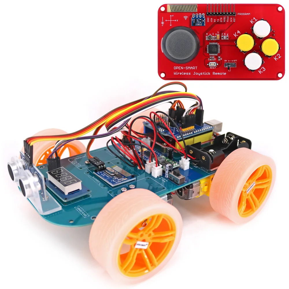 4WD 스마트 카 키트 조이스틱 원격 제어 무선 RF 433 MHz 장거리 고무 휠 기어 모터 튜토리얼 아두이노와 호환 가능 [OPEN-SMART-137]