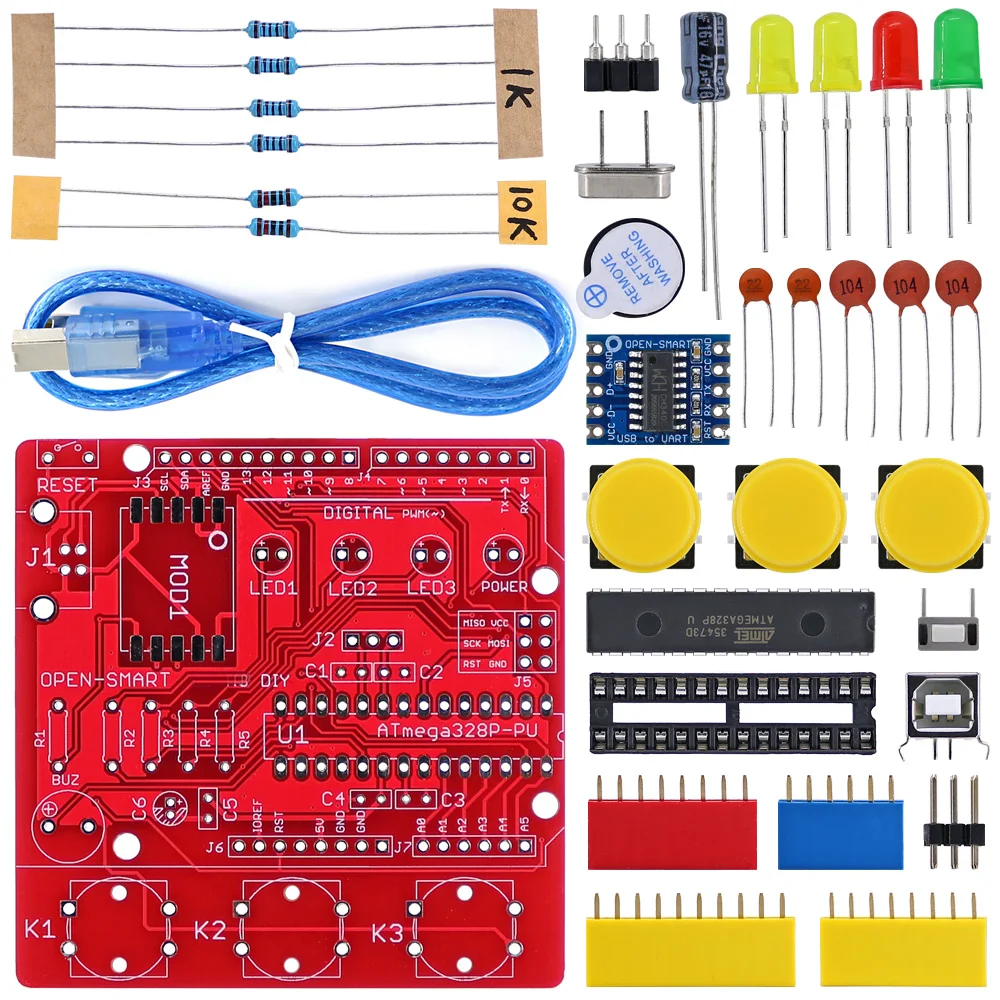 납땜 부품 키트 빨간색 DIY ATmega328P 개발 보드 CH340 드라이버 부저 LED 버튼 아두이노와 호환 가능 [OPEN-SMART-138]