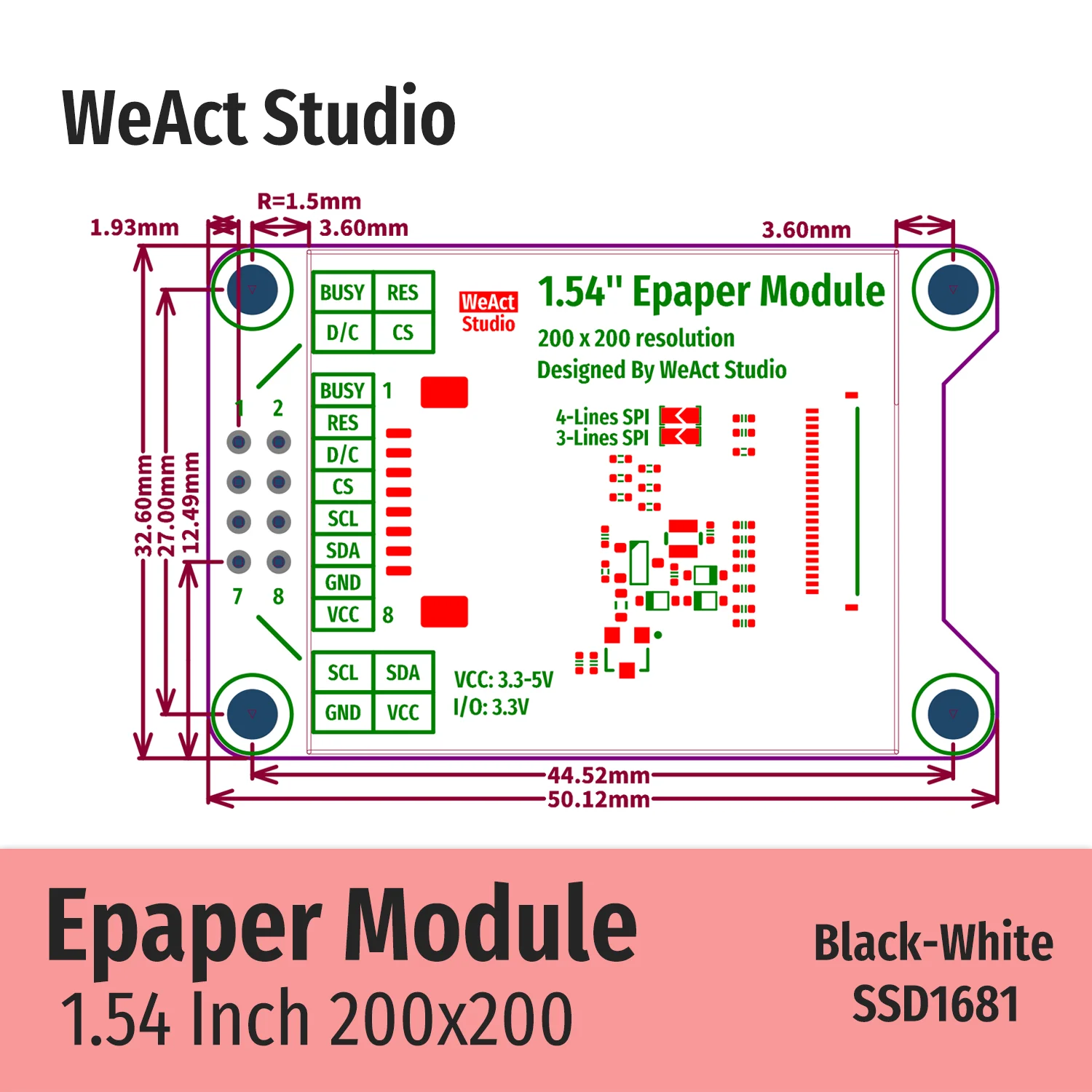 1.54인치 1.54인치 Epaper 모듈 전자종이 전자잉크 EInk 디스플레이 화면 SPI 흑백 [WeAct-Studio-021]