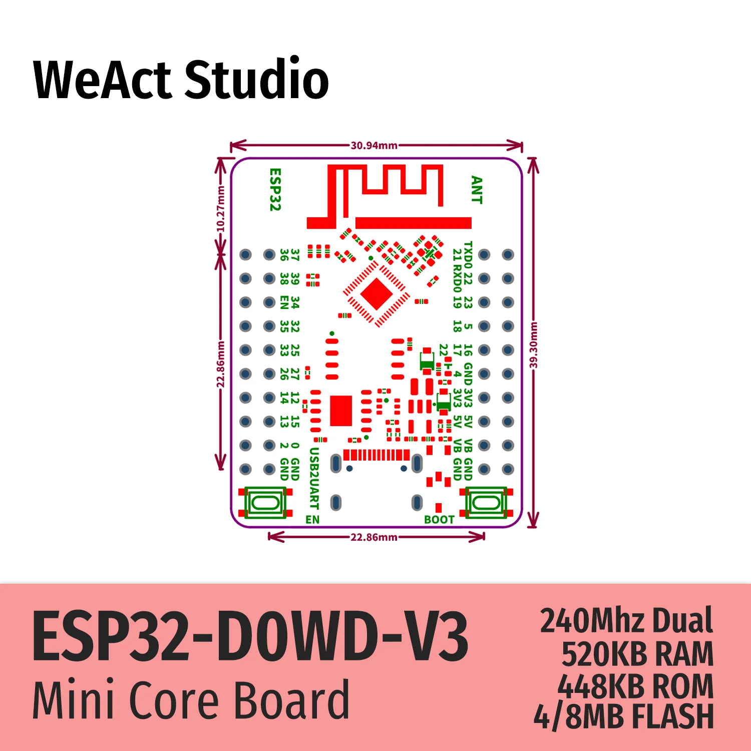 ESP32 개발 보드 TYPE-C CH340K WiFi+블루투스 듀얼 코어 ESP32-DOWD-V3 [WeAct Studio-043]