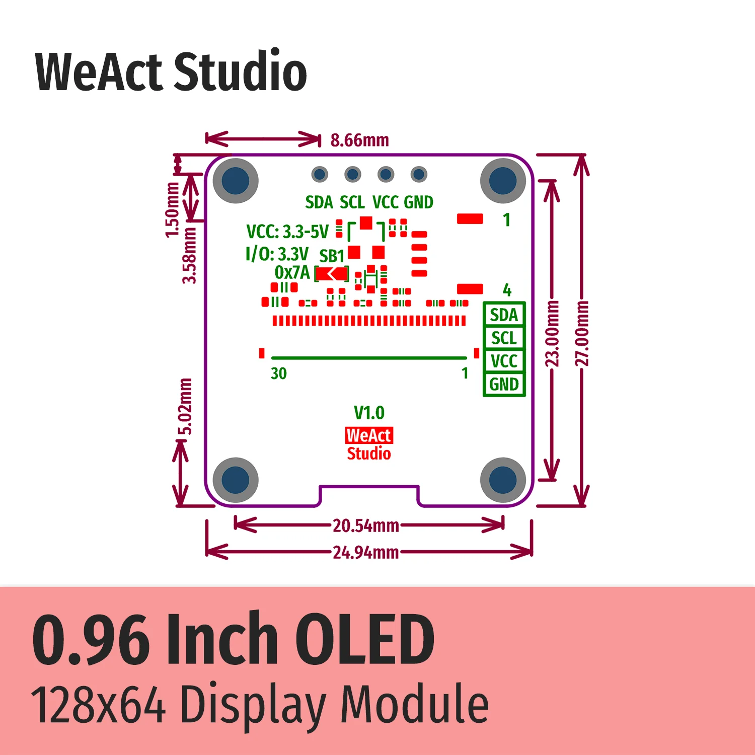 WeAct 0.96인치 OLED 모듈 (128x64 해상도 I2C 인터페이스 SD1315 드라이버 탑재) [WeAct-Studio-034]