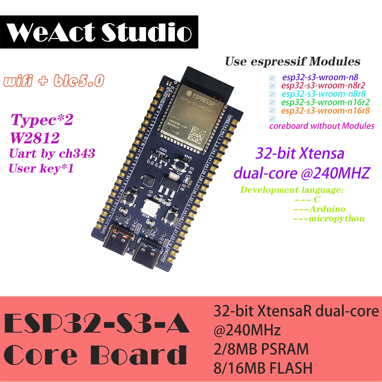ESP32-S3-DevKitC-1 ESP32-S3 WiFi Bluetooth 호환 BLE 5.0 메시 개발 보드 ESP32 무선 모듈 Micropython [WeAct Studio-069]
