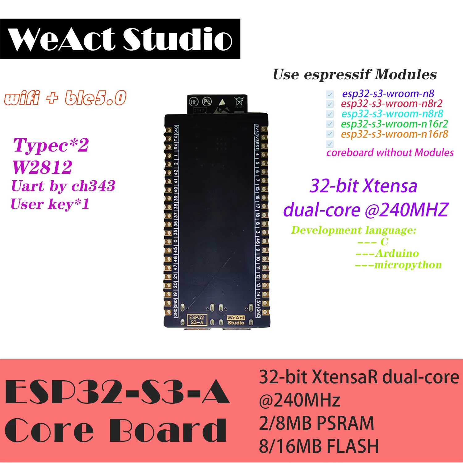 ESP32-S3-DevKitC-1 ESP32-S3 WiFi Bluetooth 호환 BLE 5.0 메시 개발 보드 ESP32 무선 모듈 Micropython [WeAct Studio-069]