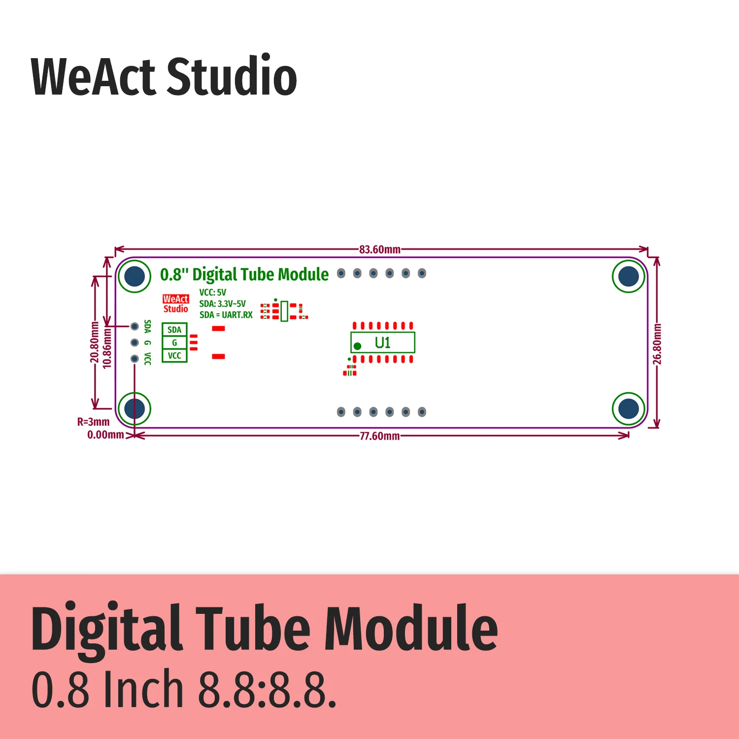 디지털 튜브 모듈 TM1652 0.8 인치 8.8:8.8 모듈 레드 그린 블루 화이트 [WeAct-Studio-073]