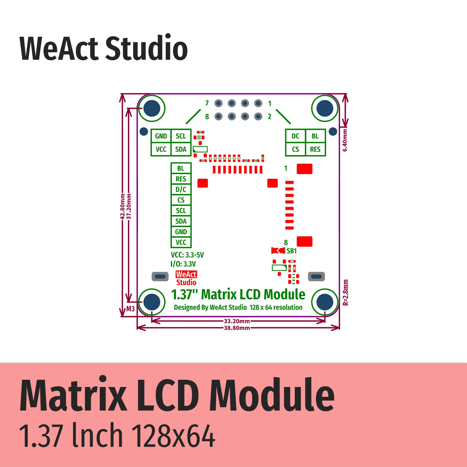 12864 1.37인치 1.37 매트릭스 LCD 모듈 SPI 인터페이스 AiP31567 드라이버 ST7567과 동일 [WeAct-Studio-063]