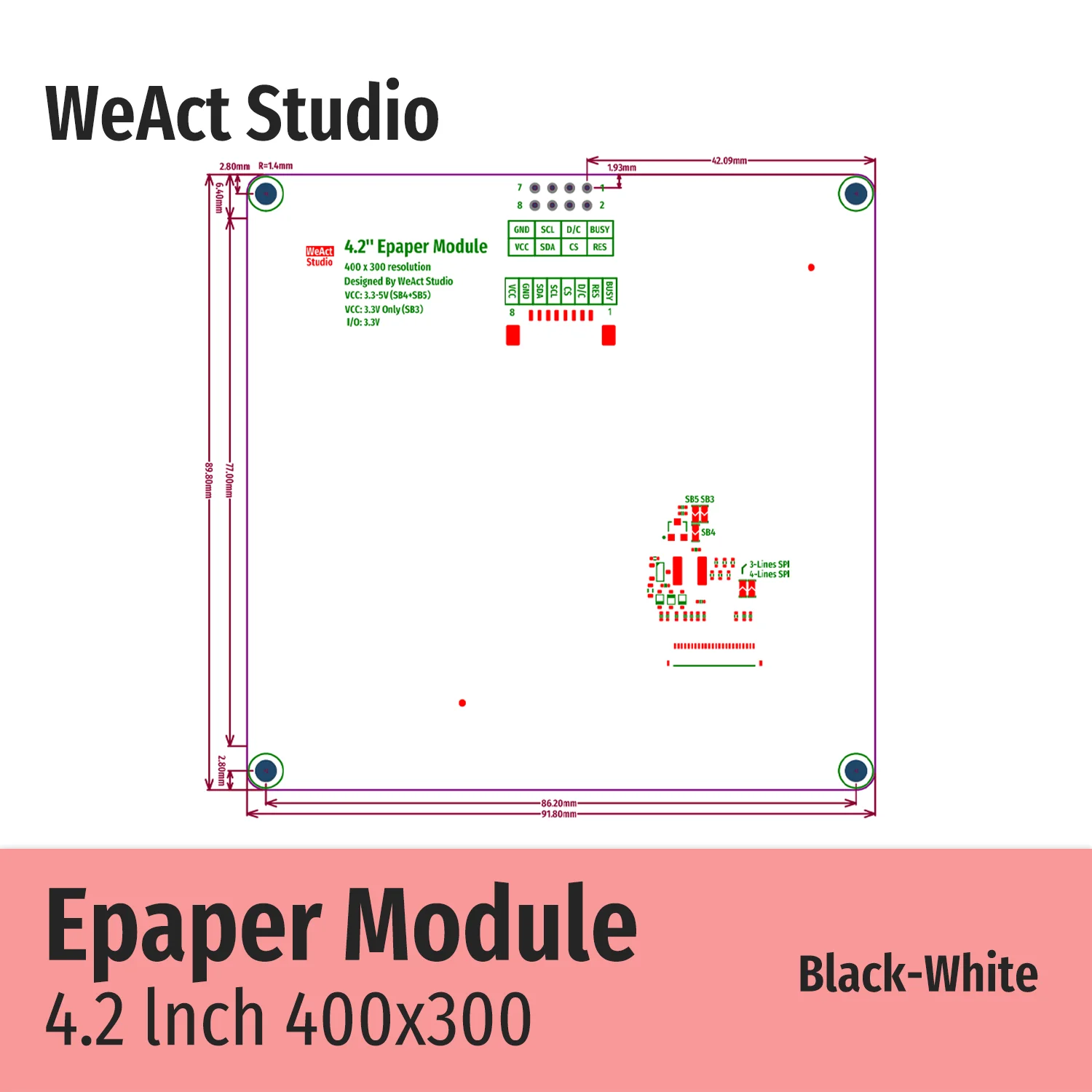 4.2인치 4.2인치 Epaper 모듈 전자종이 전자잉크 EInk 디스플레이 화면 SPI 흑백 [WeAct-Studio-062]