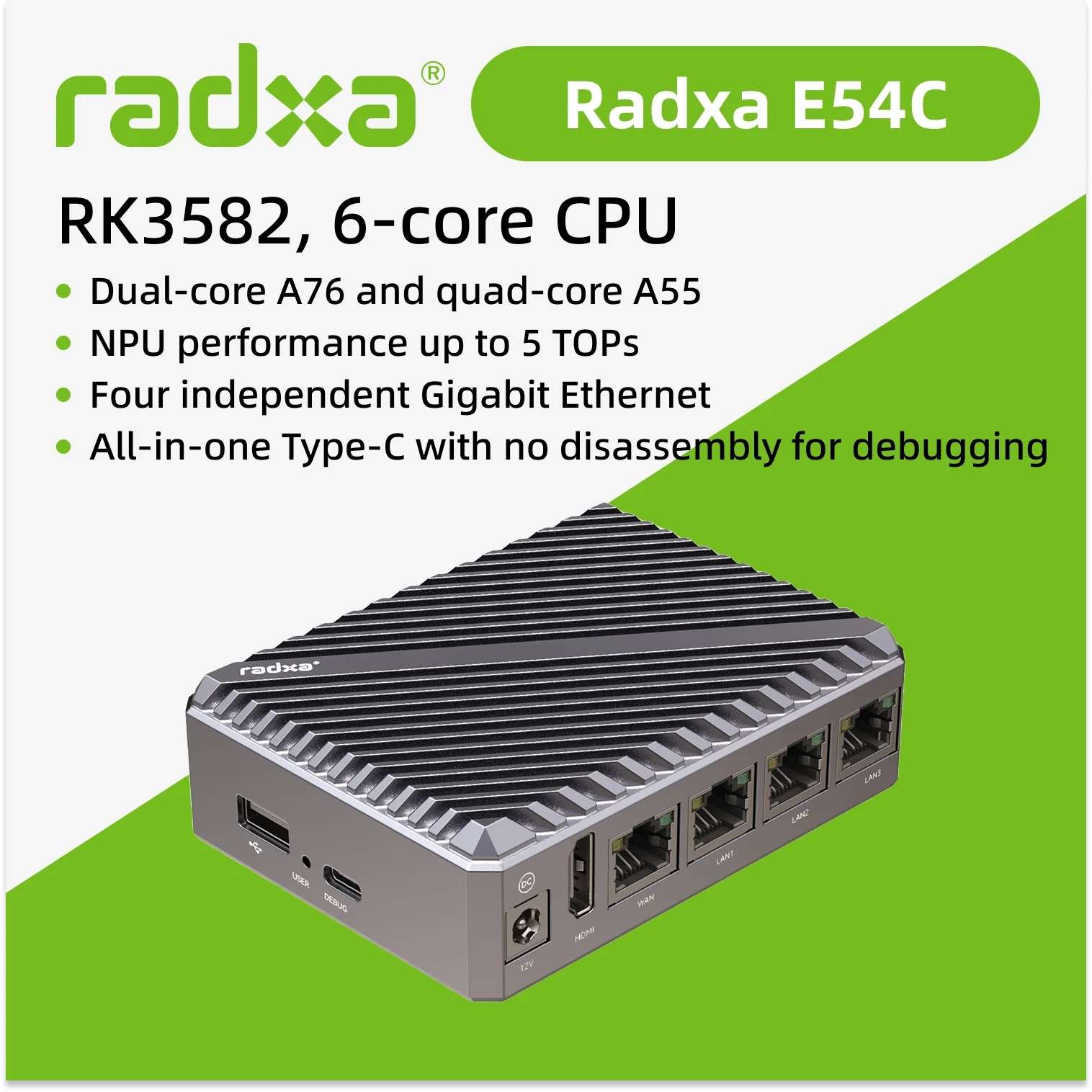E54C RK3582 헥사코어 CPU 고성능 AI 엣지 네트워킹 컴퓨팅 장치 E54C 2GB [RADXA-34]