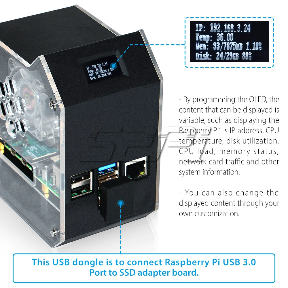 라즈베리 파이용 Raspberry Pi 4B NAS 스토리지 0.96 화면 방열 섀시 [52PI-050]