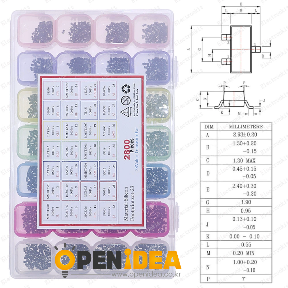 28종류 2800개의 자주 사용되는 SMD 트랜지스터 SOT-23 패키지 J3 M6 G1 1P 2A 2F 1AM 박스 패키지 [ZKA31-005]