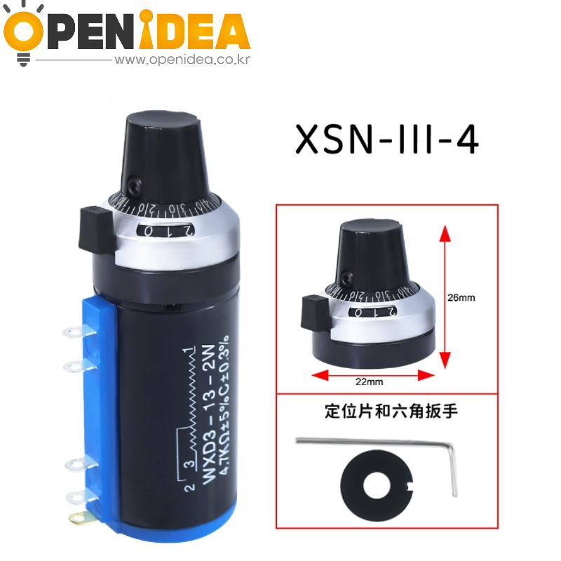 WXD3-13-2W 정밀 다회선 권선 포텐셔미터 100Ω 220Ω 4.7K 10K 47K 100K 눈금 조절 노브 + XSN-III-4 디지털 눈금 노브 내경 4.0mm [ZCM059-054]