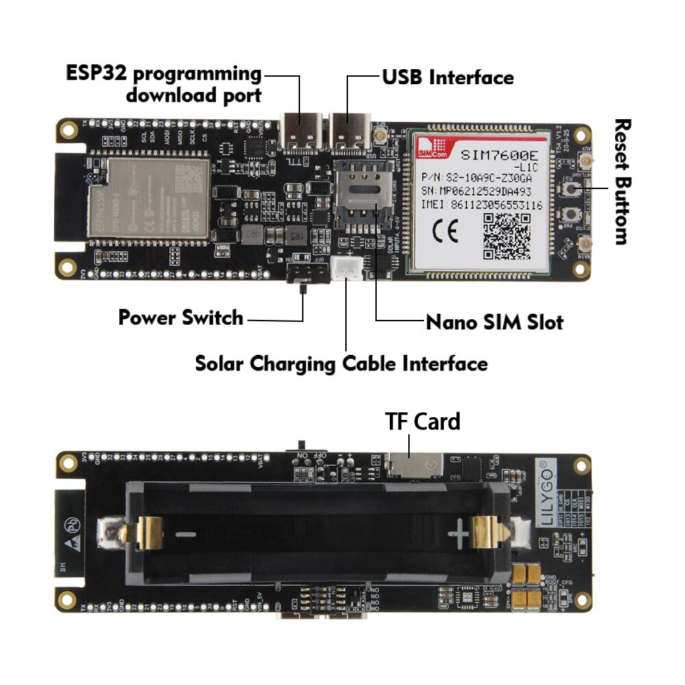 T-SIM7600E-L1C USB 동글 모듈 와이파이 블루투스 18650 배터리 홀더 태양열 충전 보드 ESP32 칩 4G LTE CAT4 [LILYGO-29]
